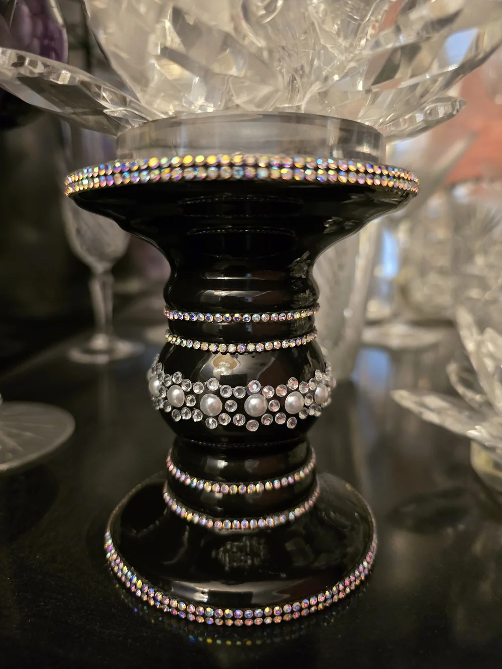 Black Jeweled Decorative Candle Holder New 4x3.5 In Candle Not Included Handmade